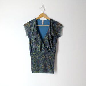 Sweet Pea By Staci Frati womens Y2K vintage ruffle Mesh V-neck Top blouse S